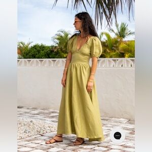 VRG GRL PARADISO LINEN MIDI DRESS OLIVE